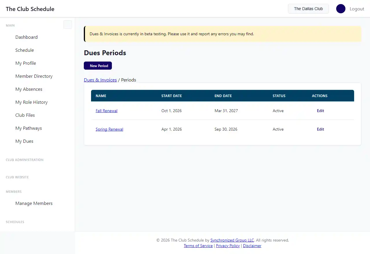 Dues period detail page showing the member payment grid with bulk invoice creation and TI dues confirmation options