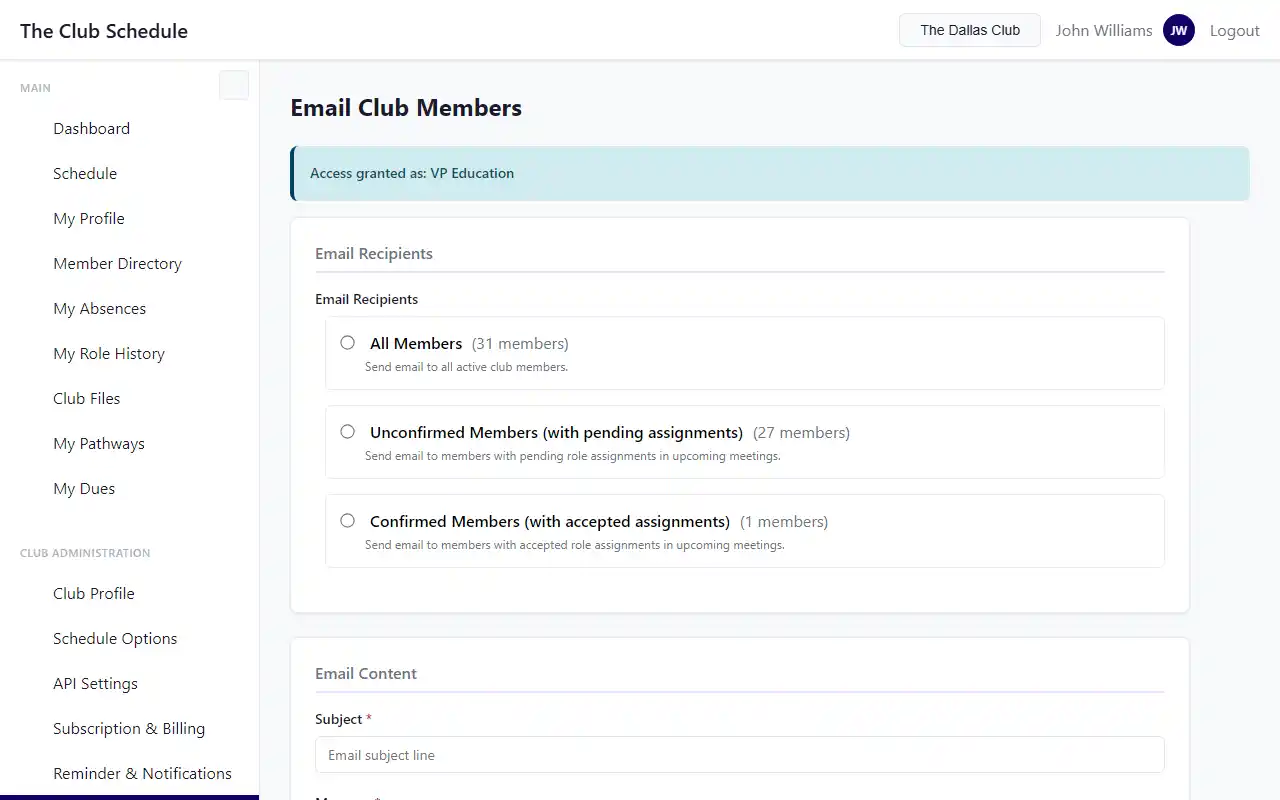 Email Members button in Club Administration section of dashboard