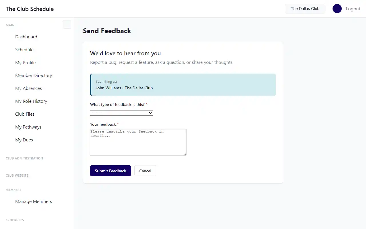 Feedback form showing the category dropdown and message text area