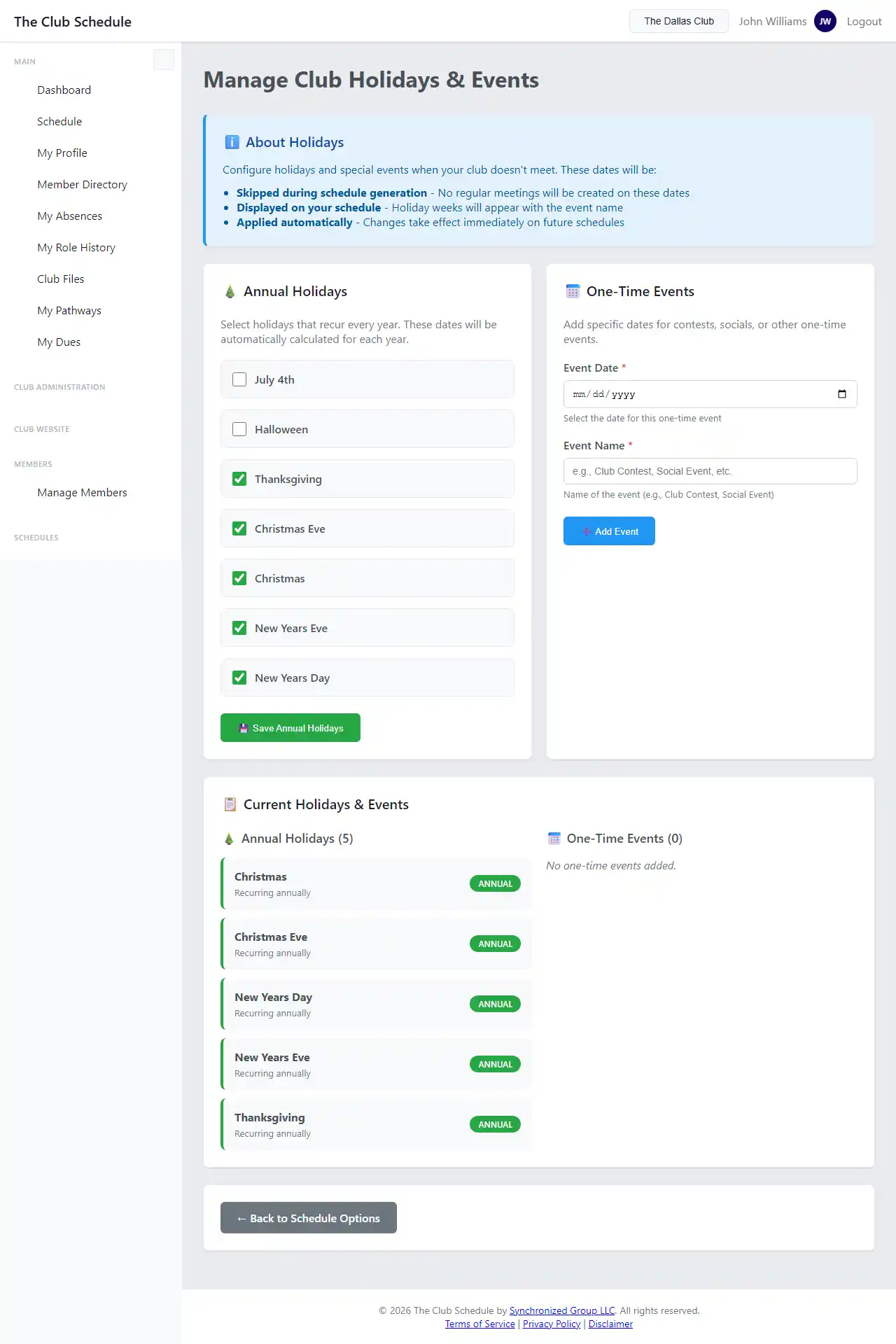 Club Settings menu with Holidays option highlighted