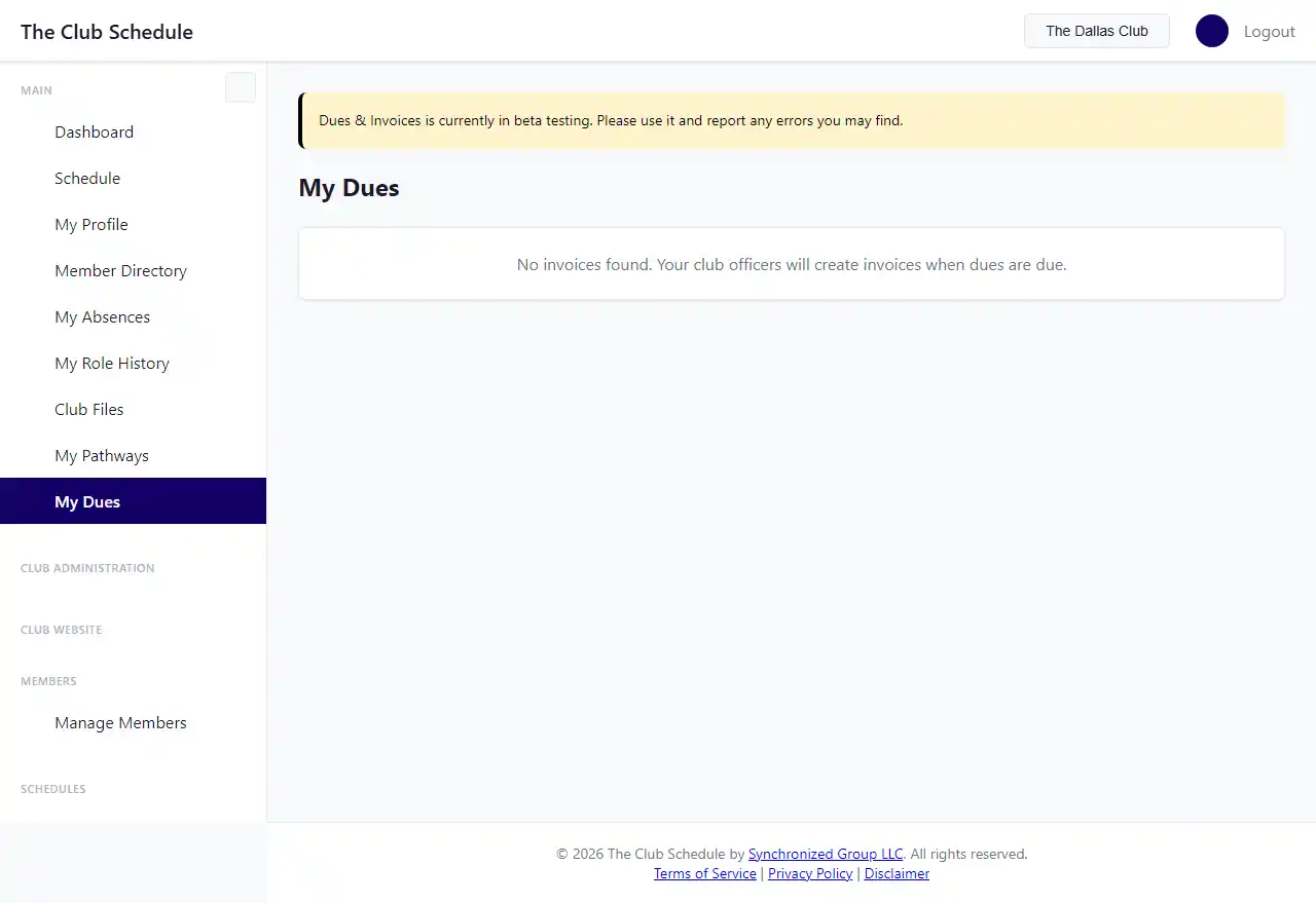 My Dues page showing a list of invoices with status badges and a Pay Now button for an unpaid invoice
