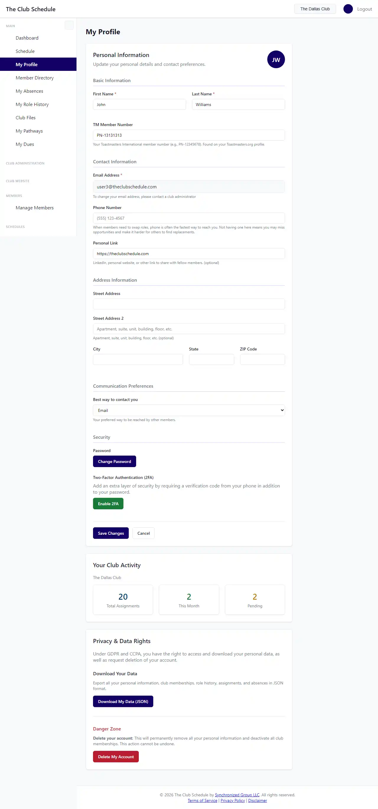 Profile and Security settings