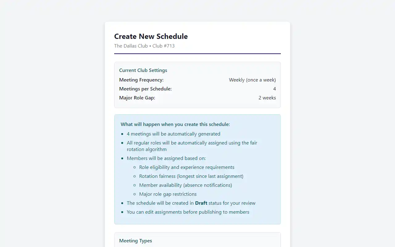 Schedule creation page showing meeting type question
