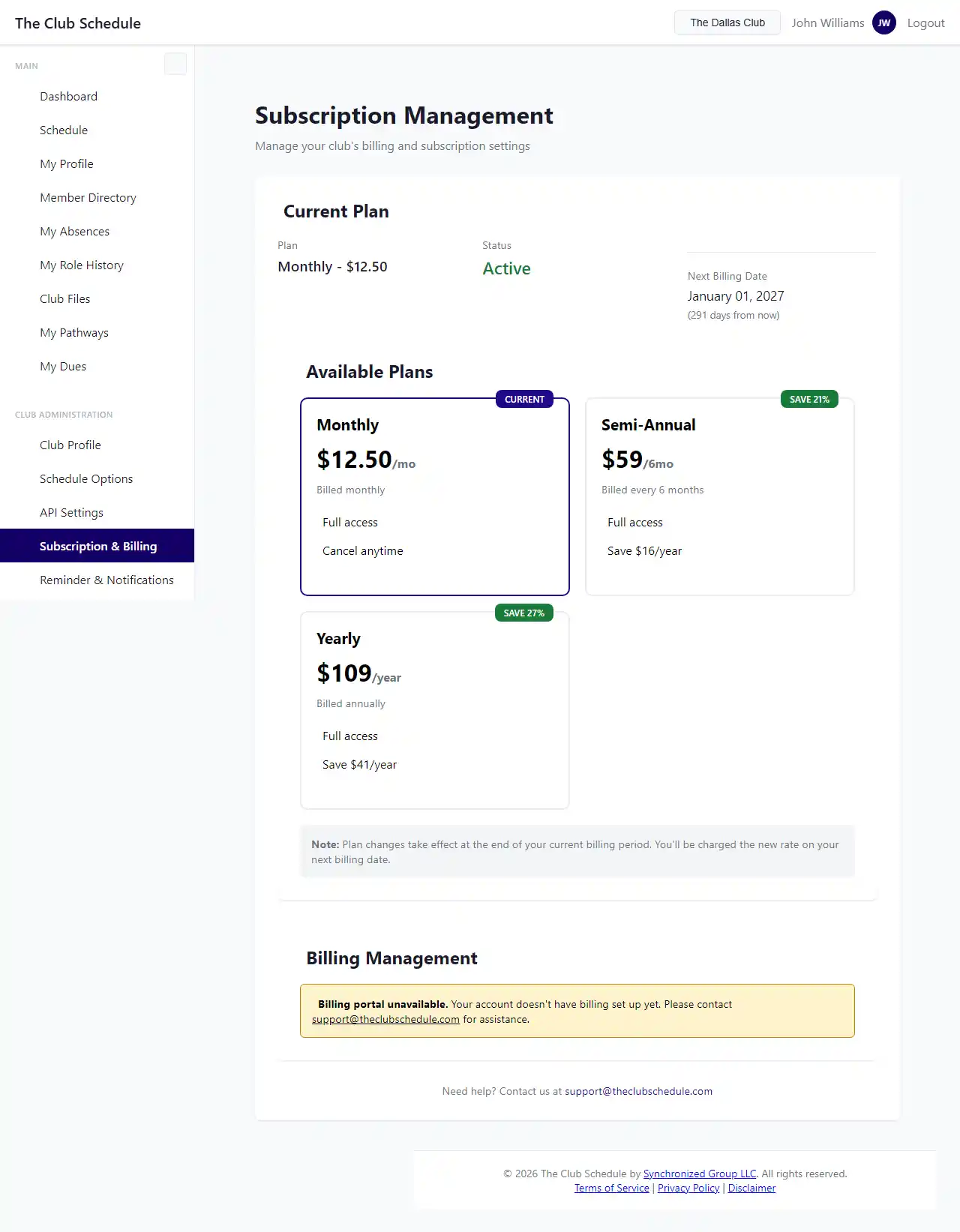 Subscription Management page showing the Manage Payment Methods and Billing button