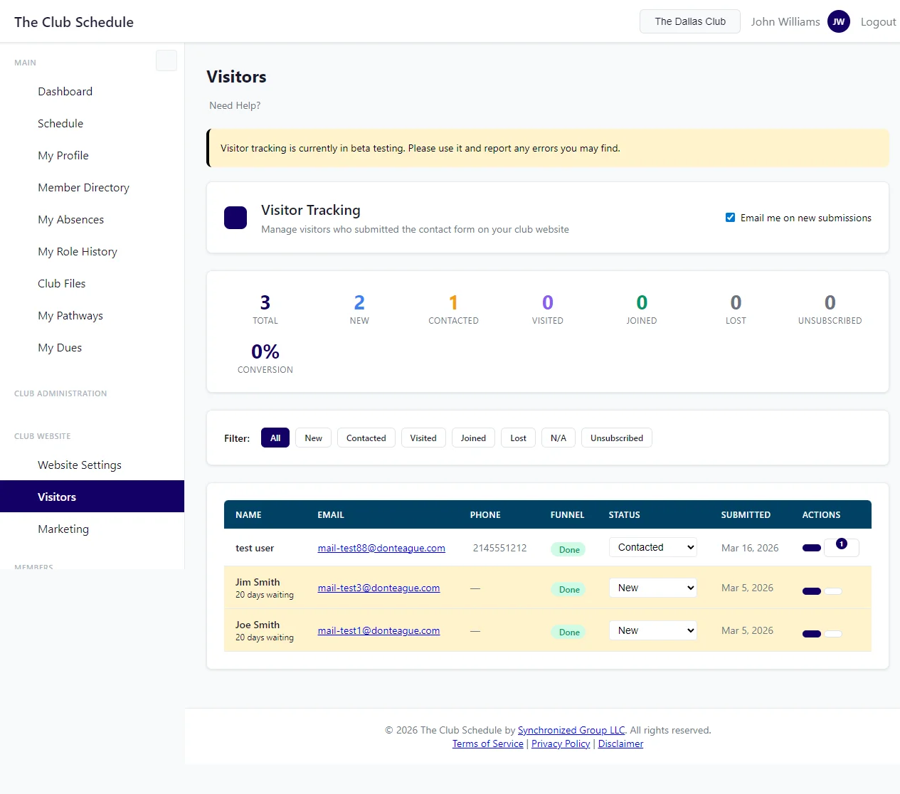 Left sidebar navigation showing the Club Website section expanded with the Visitors link highlighted